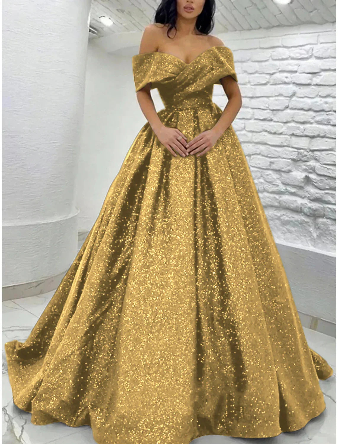 Black Sparkle Champagne Gold Dress Black Tie Carival Sweep / Brush Train Short Sleeve Off Shoulder with Glitter Pleats