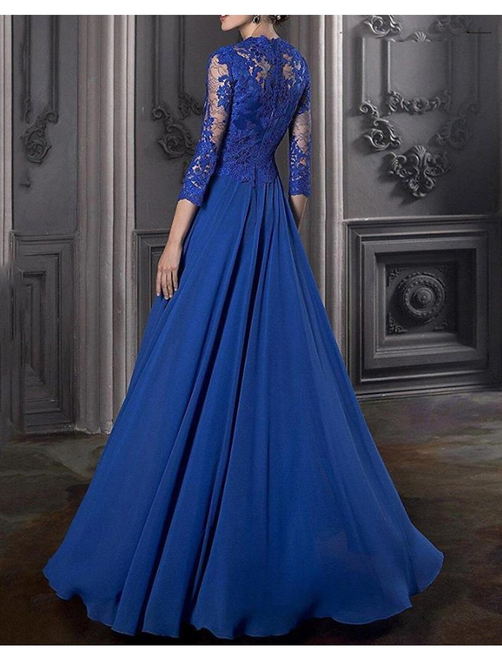 Sheath / Column Evening Gown Elegant Dress Wedding Guest Prom Floor Length 3/4 Length Sleeve V Neck with Appliques