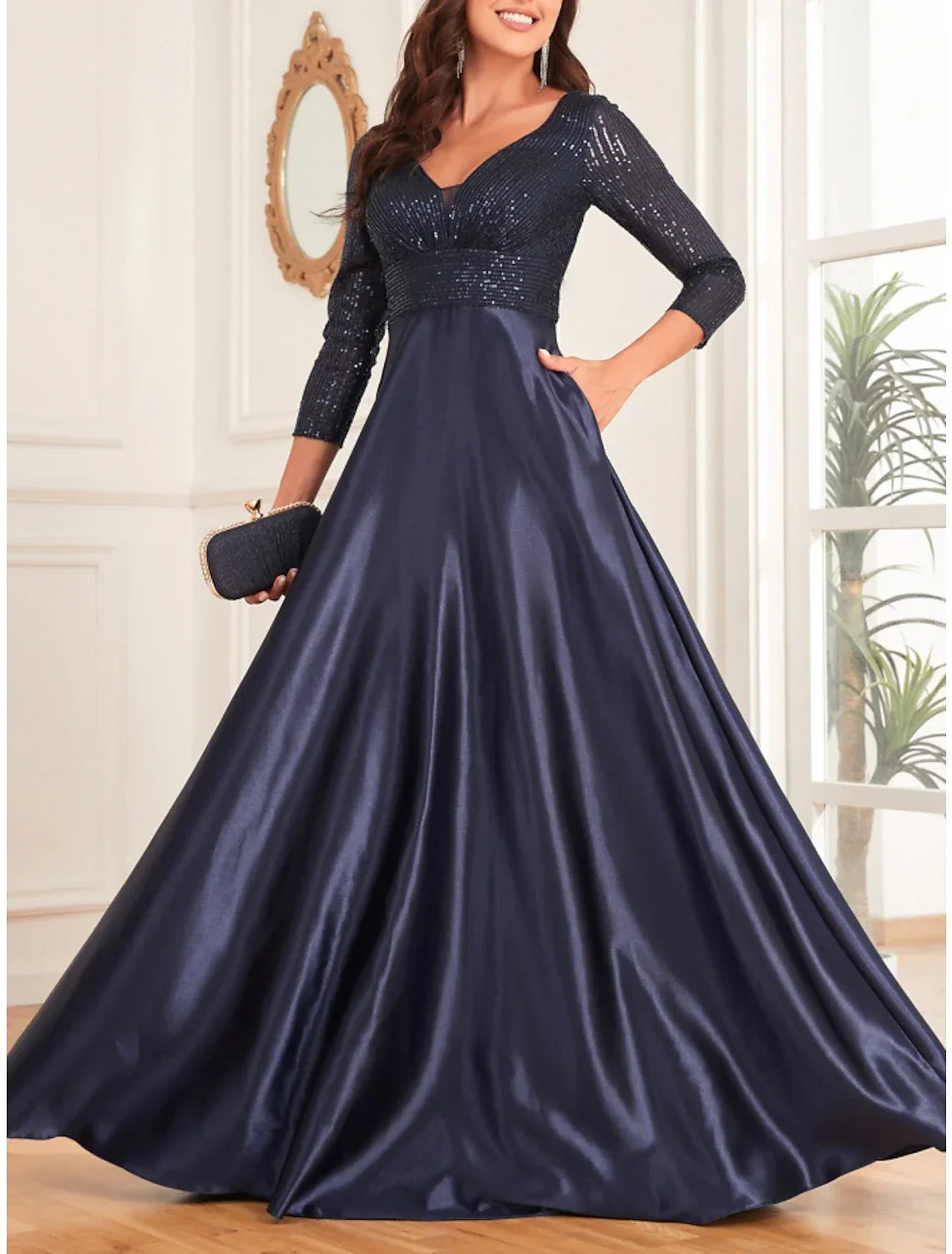 Mother of the Bride Dress Wedding Guest Elegant V Neck Floor Length 3/4 Length Sleeve with Ruching