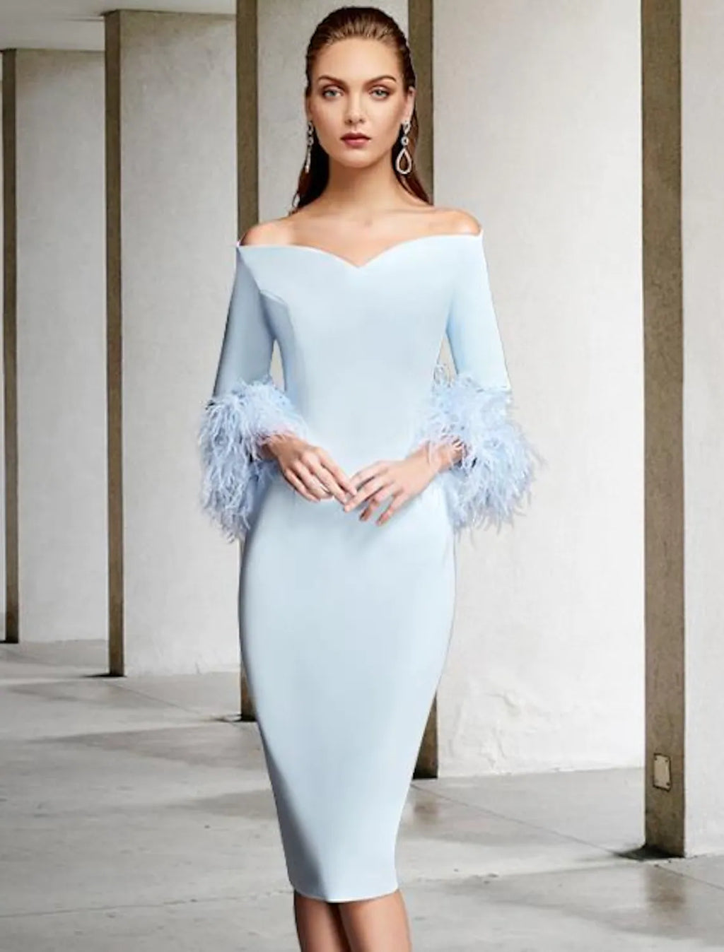 Mother of the Bride Dress Vintage Elegant Off Shoulder V Neck Knee Length Length Sleeve with Feather