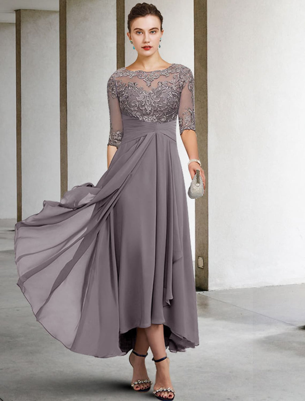 Mother of the Bride Dress Plus Size Elegant Asymmetrical Ankle Length Half Sleeve Beading Appliques