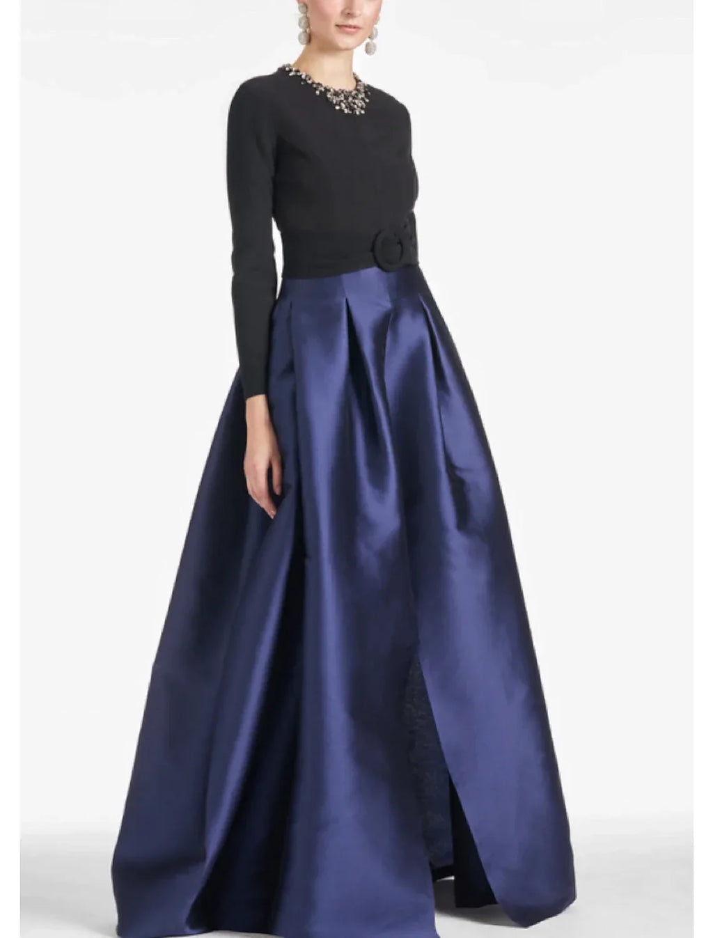 Evening Gown High Split wedding guest Dress Formal Fall Floor Length Long Sleeve color contrast Jewel Neck with Crystals