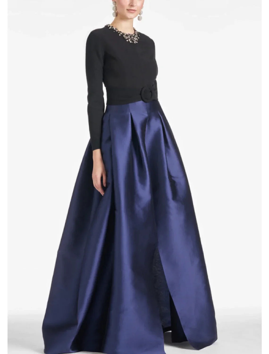 Evening Gown High Split wedding guest Dress Formal Fall Floor Length Long Sleeve color contrast Jewel Neck with Crystals