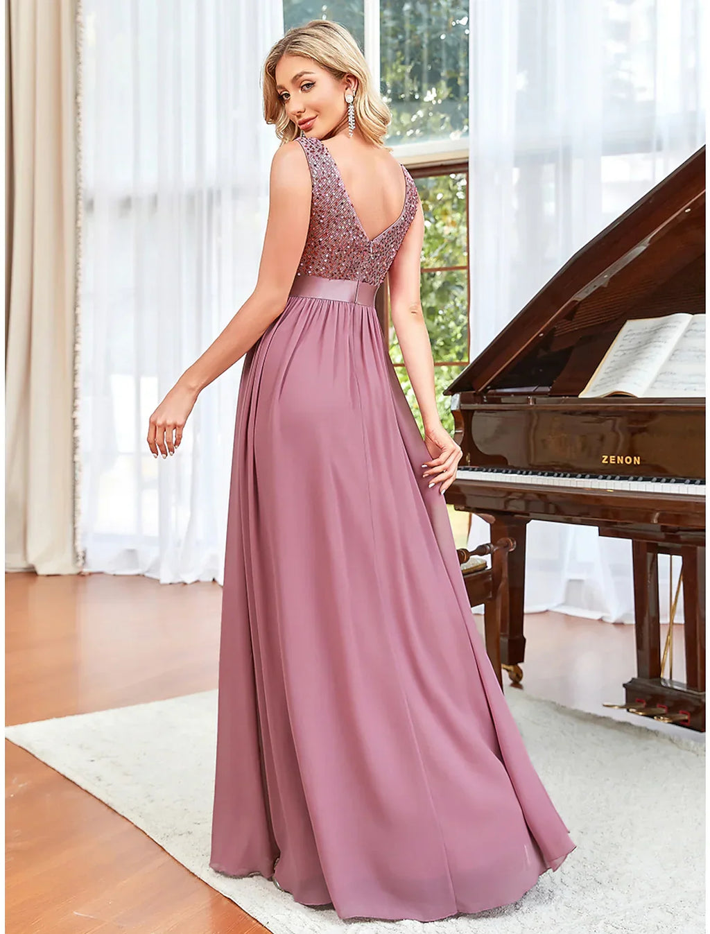 Wedding Guest Floor Length Sleeveless V Neck V Back Draping