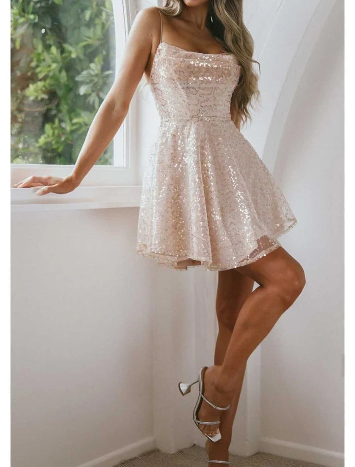 A-Line Cowl Neck Spaghetti Strap Zipper Back Mini Homecoming Dresses