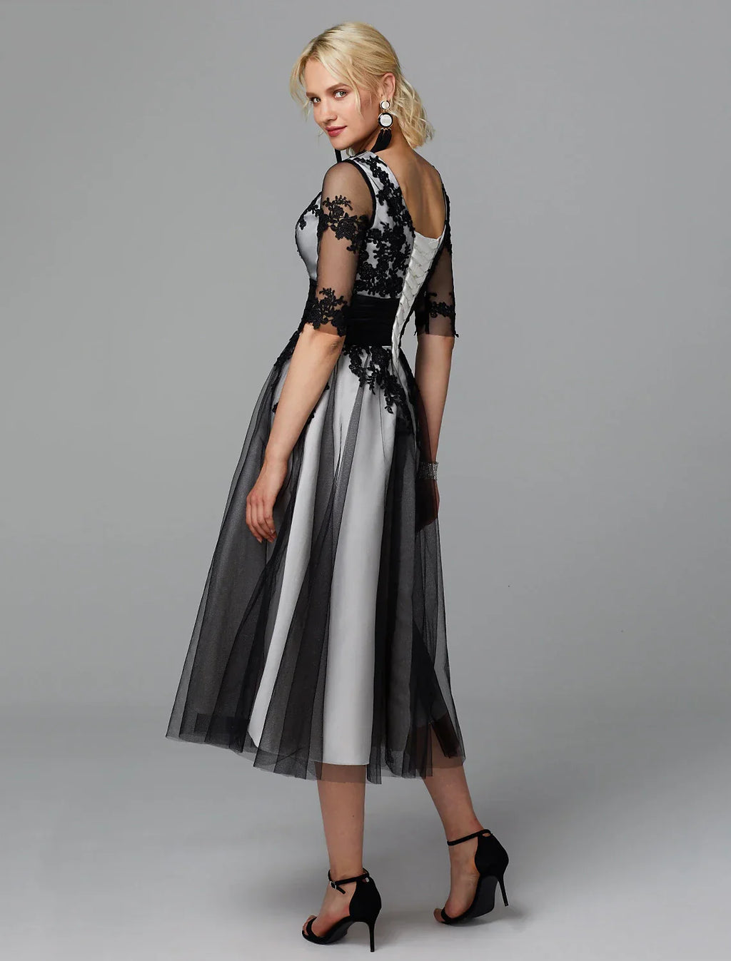 Vintage Dress Wedding Guest Cocktail Party Tea Length Half Sleeve Jewel Neck Fall Wedding Guest with Sash / Ribbon Appliques