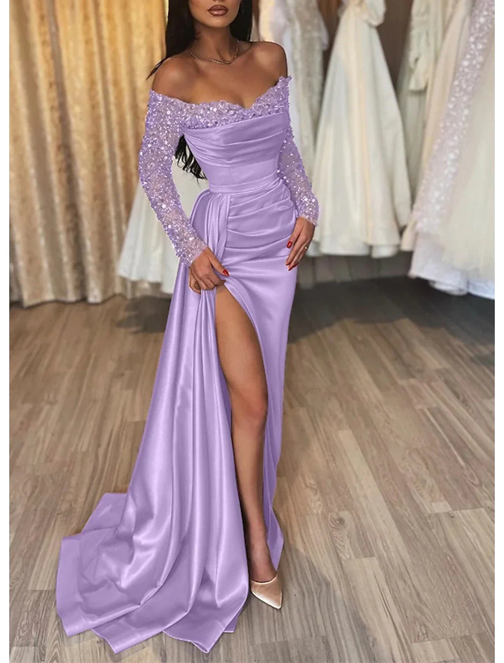 Black Mermaid Dress Evening Gown Ruched Dress Formal Sparkle Wedding Party Court Train Long Sleeve Off Shoulder Fall Wedding Reception with Slit