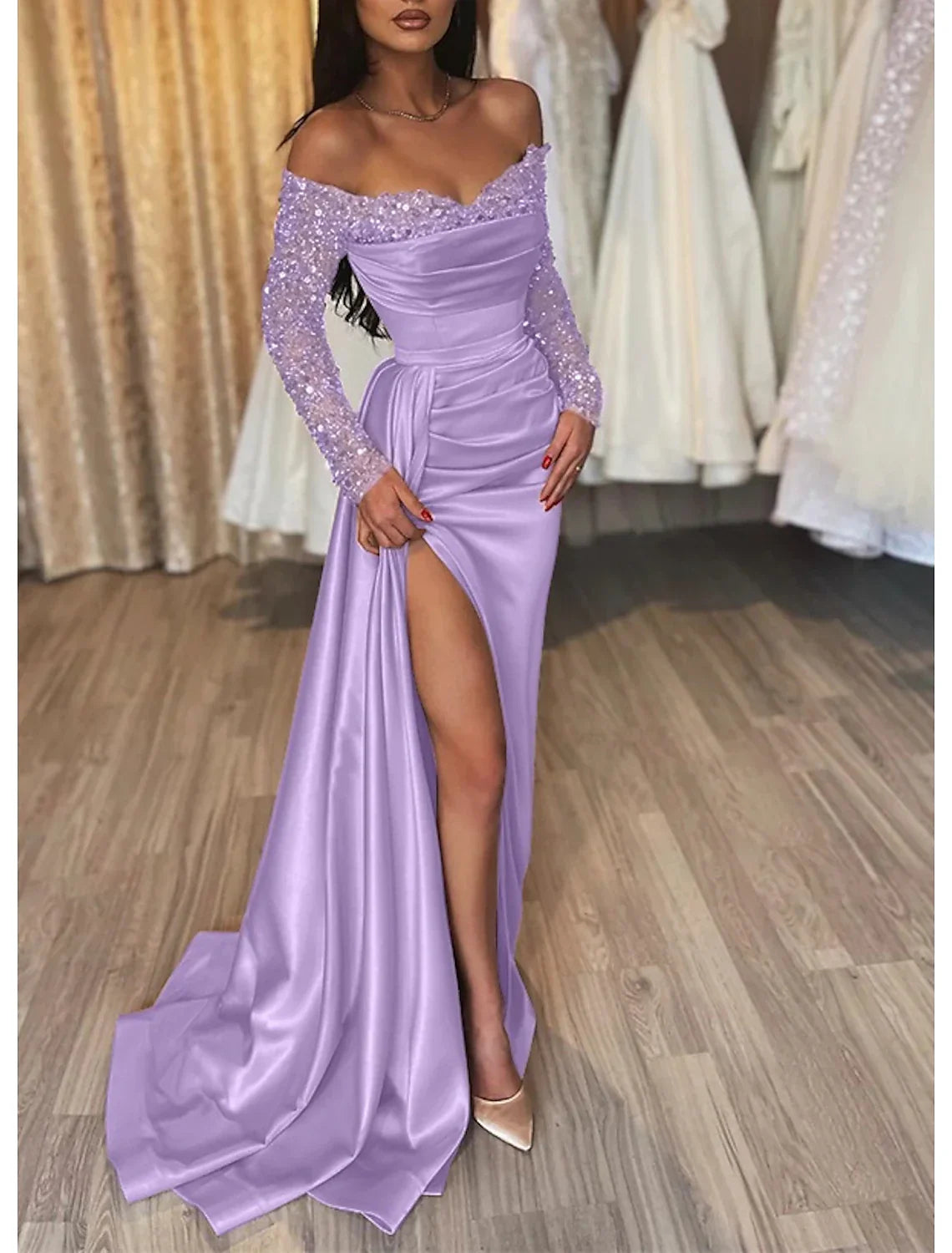 Black Mermaid Dress Evening Gown Ruched Dress Formal Sparkle Wedding Party Court Train Long Sleeve Off Shoulder Fall Wedding Reception with Slit