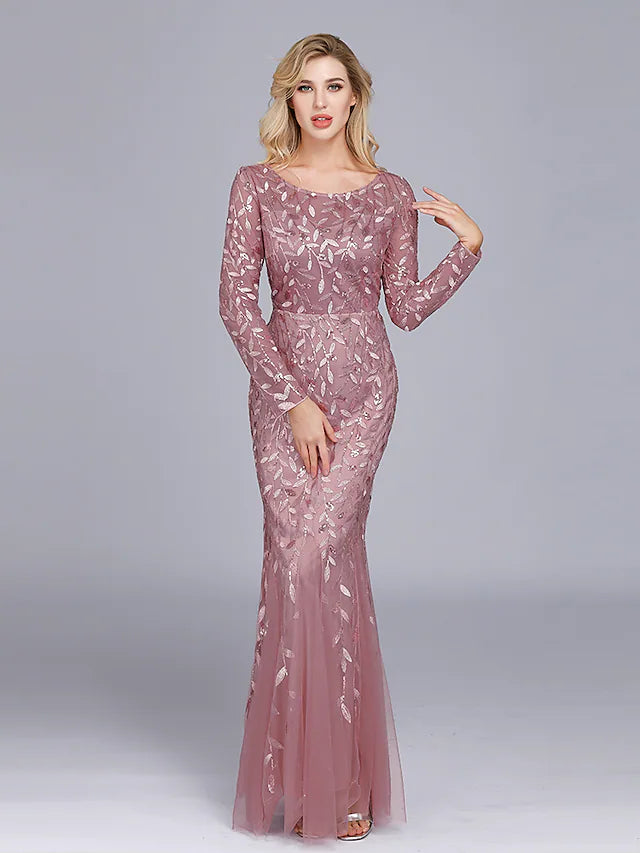 Party Wear Formal Evening Dress Long Sleeve Floor Length with Embroider