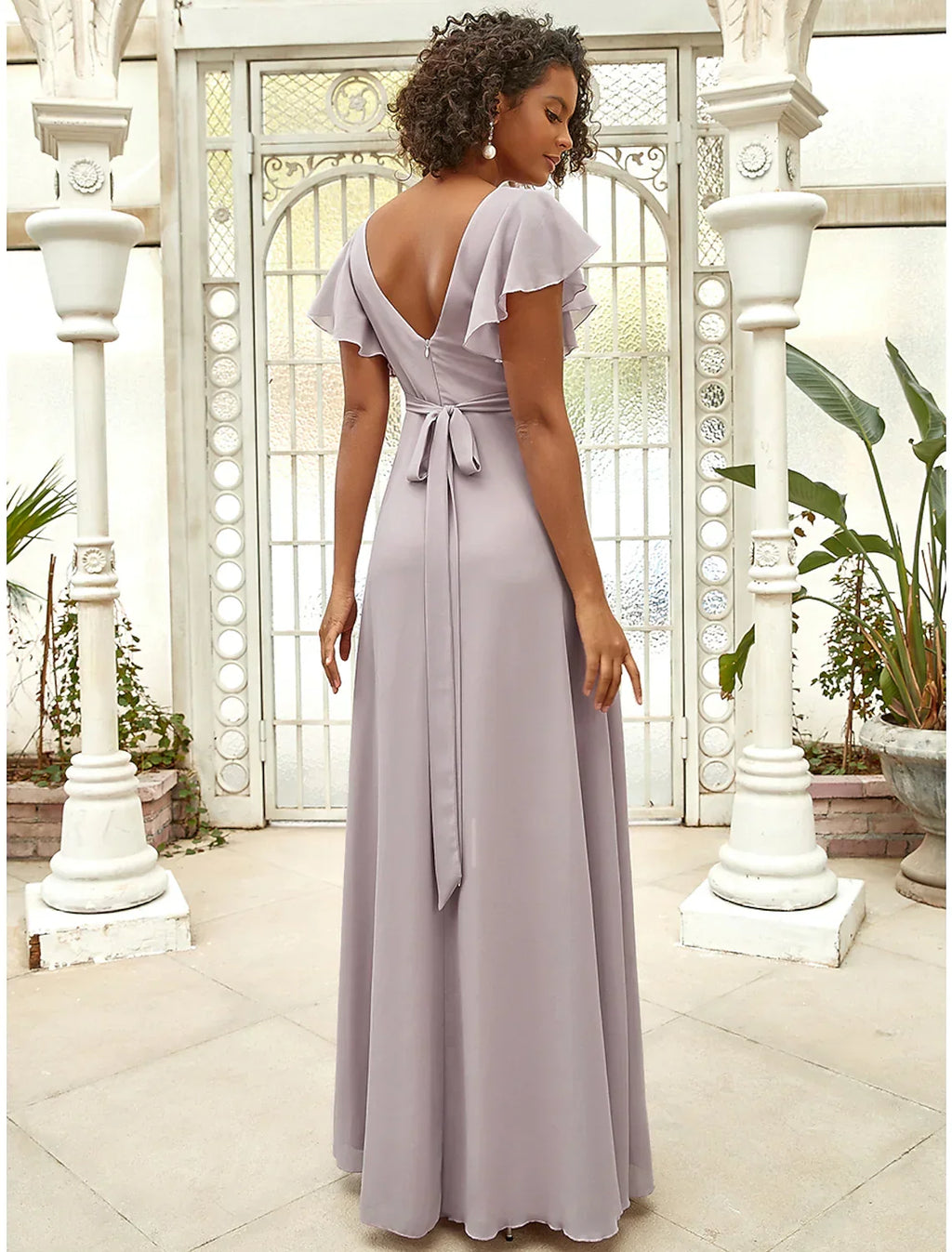 Evening Gown Vintage Dress Wedding Guest Floor Length Short Sleeve V Neck with Ruffles