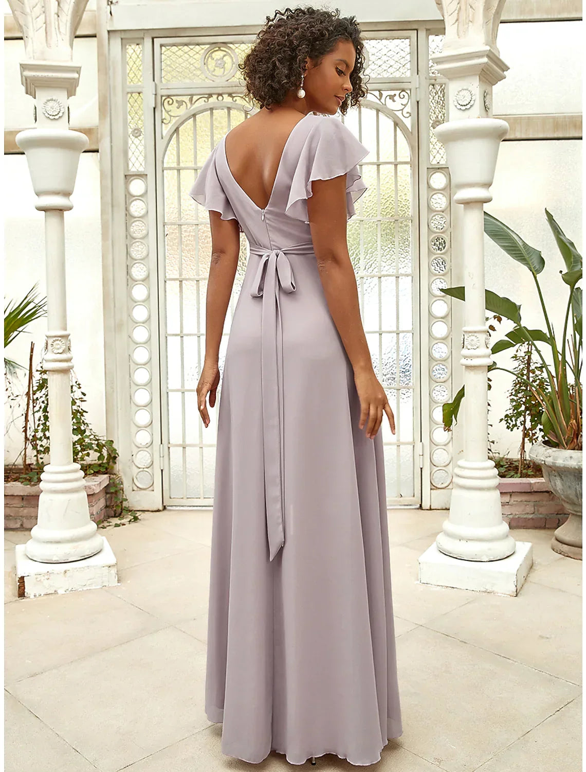 Evening Gown Vintage Dress Wedding Guest Floor Length Short Sleeve V Neck with Ruffles