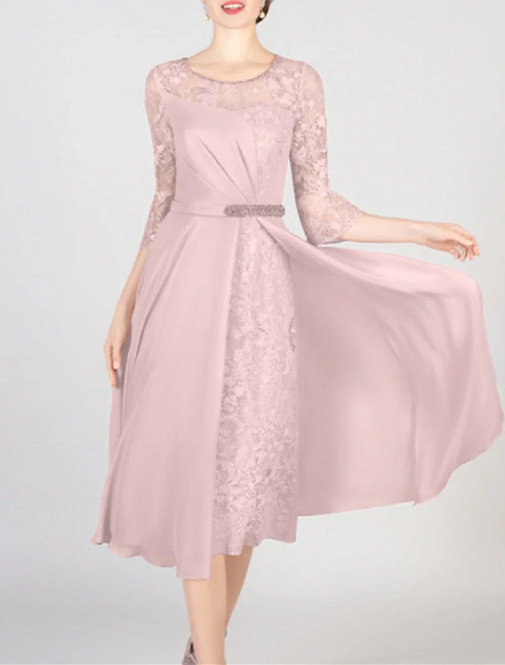 Mother of the Bride Dress Formal Wedding Guest Elegant Bateau Neck Scoop Neck Knee Length Half Sleeve with Crystals Appliques Solid Color