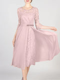 Mother of the Bride Dress Formal Wedding Guest Elegant Bateau Neck Scoop Neck Knee Length Half Sleeve with Crystals Appliques Solid Color