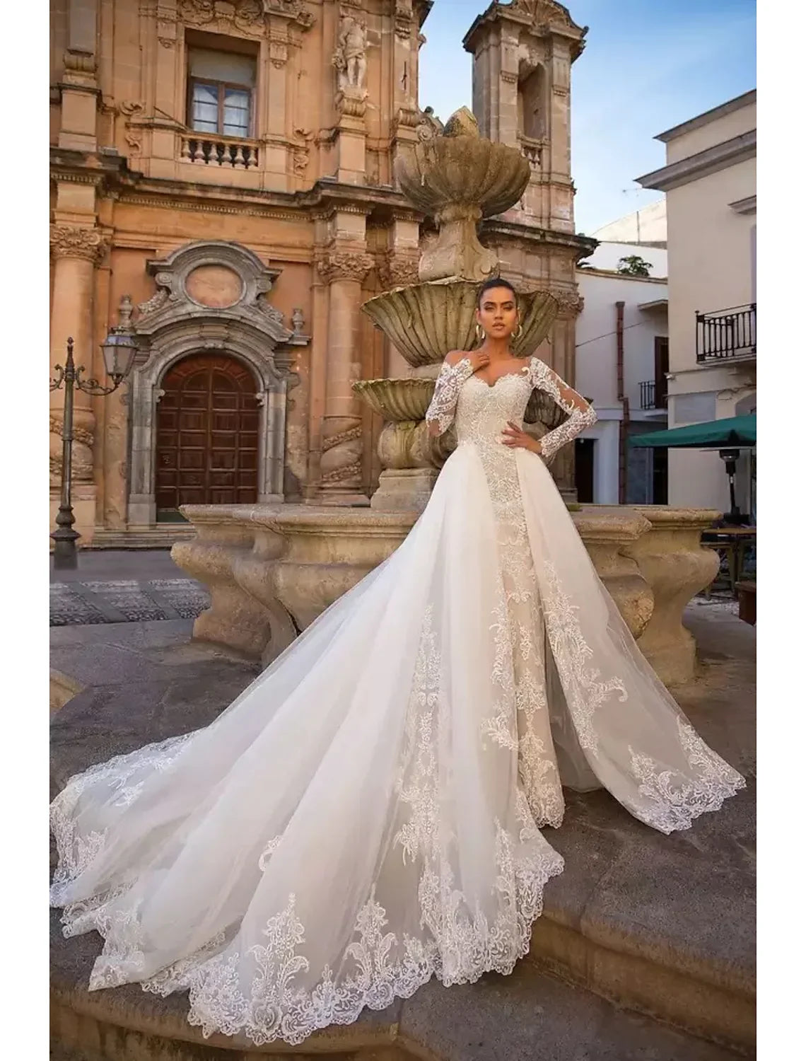 Engagement Open Back Formal Wedding Dresses Two Piece Long Sleeve Appliques