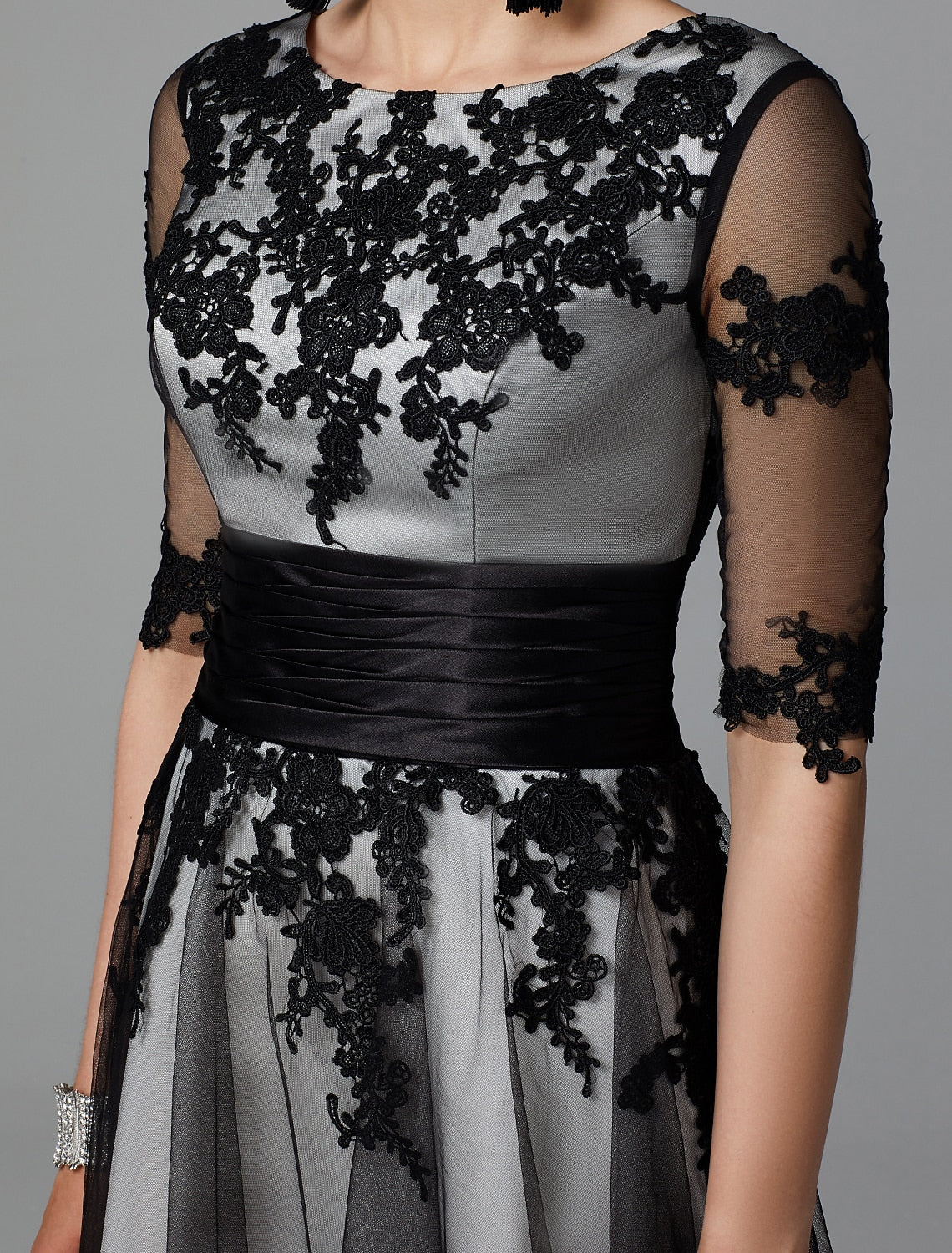 Wedding Guest Tea Length Half Sleeve Jewel Neck Fall Wedding Guest with Sash / Ribbon Appliques