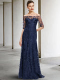Mother of the Bride Dress Elegant Off Shoulder Floor Length Half Sleeve with Appliques