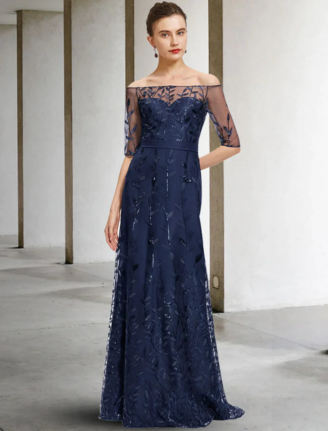 Mother of the Bride Dress Elegant Off Shoulder Floor Length Half Sleeve with Appliques