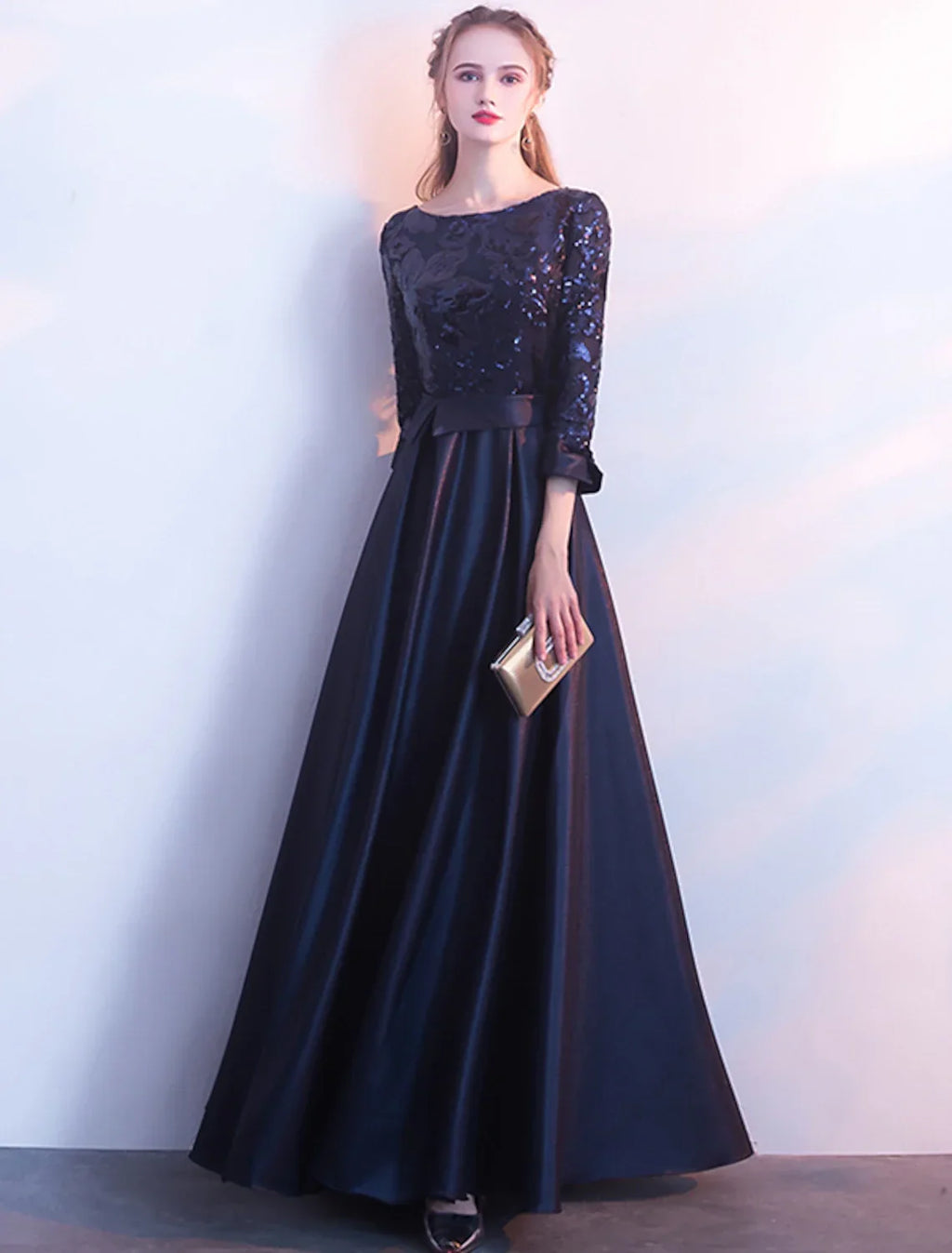 Glittering Elegant Prom Formal Evening Dress Jewel Neck 3/4 Length Sleeve Floor Length