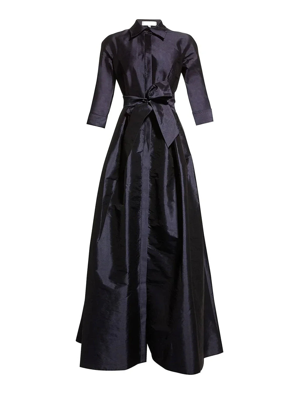 Black Evening Gown Elegant Dress Wedding Guest Floor Length 3/4 Length Sleeve Shirt Collar Pocket Taffeta with Pocket Strappy