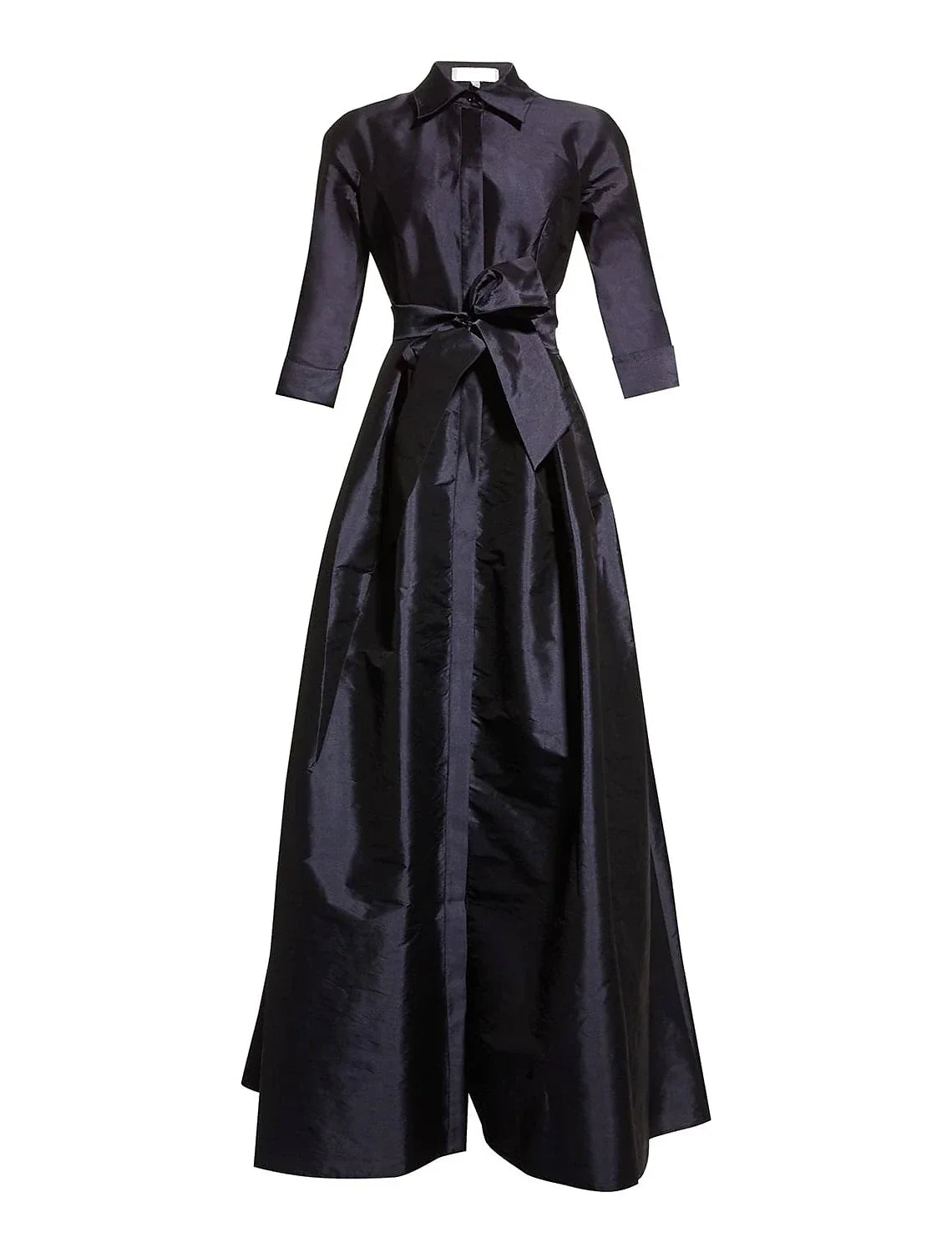 Black Evening Gown Elegant Dress Wedding Guest Floor Length 3/4 Length Sleeve Shirt Collar Pocket Taffeta with Pocket Strappy