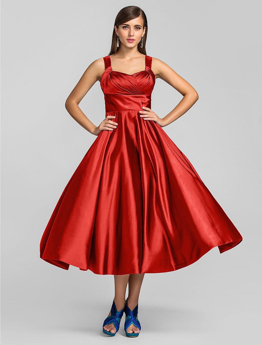 Minimalist Dress Wedding Guest Tea Length Sleeveless Square Neck with Criss Cross
