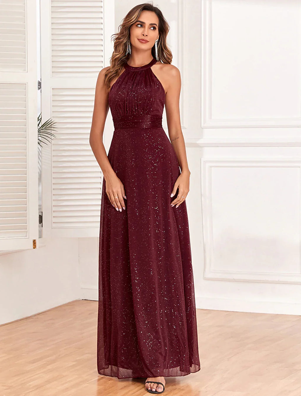 Evening Gown Empire Dress Evening Party Dress Wedding Reception Floor Length Sleeveless Halter Neck Backless V Back with Glitter