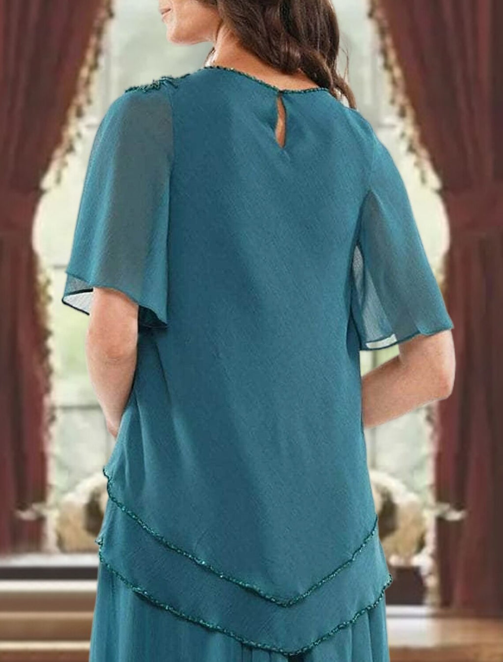 Mother of the Bride Dress Formal Wedding Guest Elegant Jewel Neck Floor Length Short Sleeve with Pleats Beading