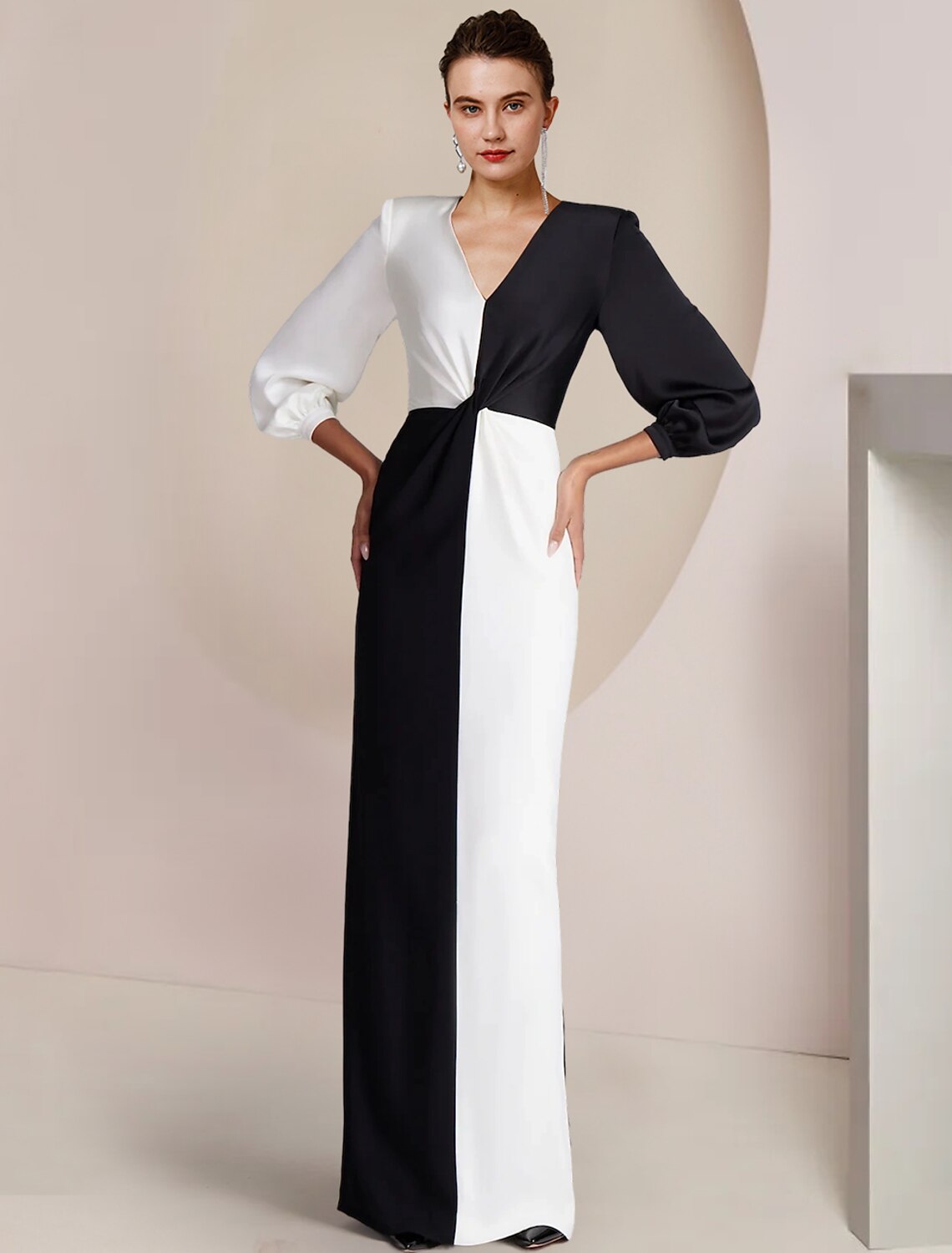Sheath / Column Mother of the Bride Dress Formal Wedding Guest Party Elegant V Neck Floor Length 3/4 Length Sleeve