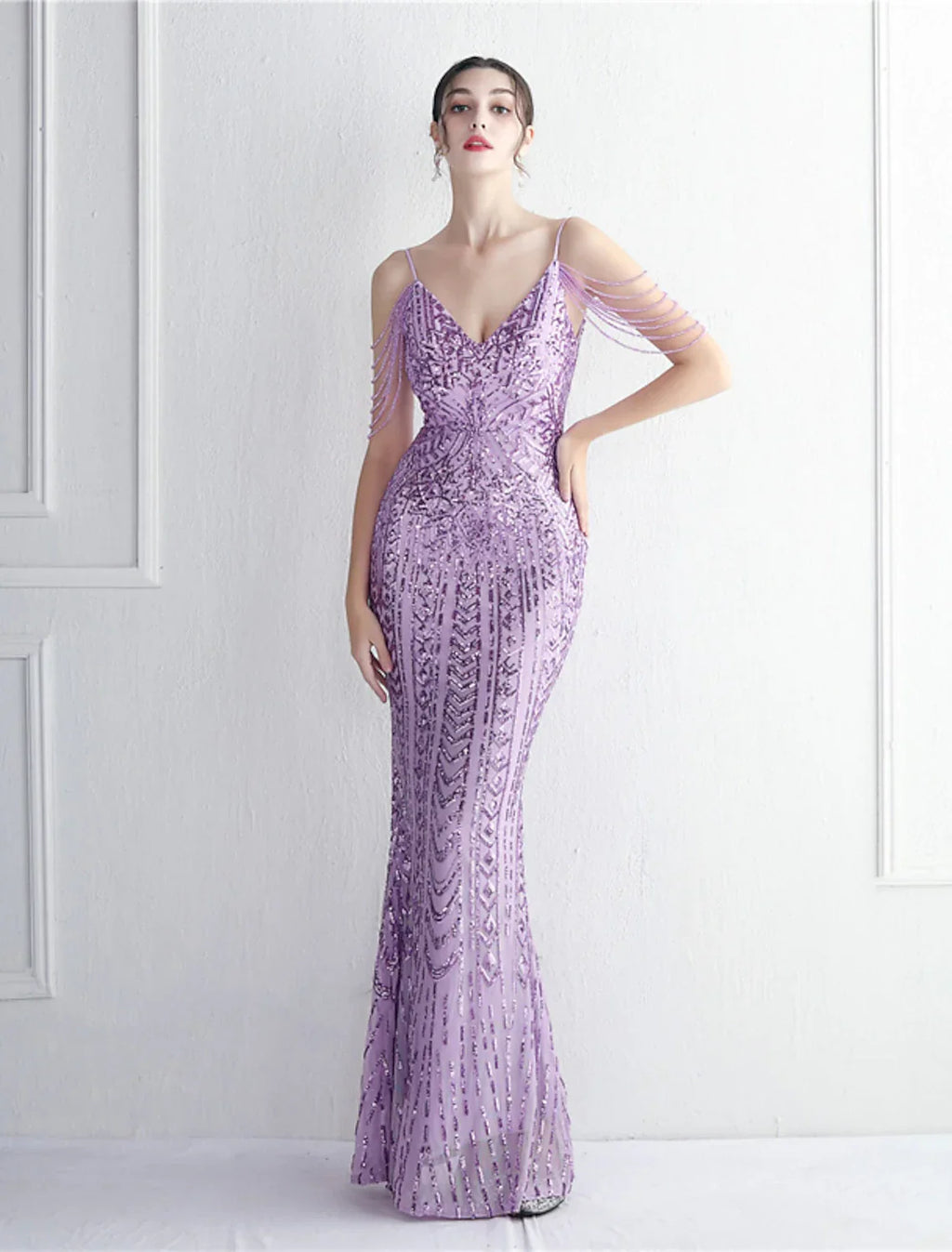 Mermaid / Trumpet Evening Gown Sparkle & Shine Dress Formal Floor Length Short Sleeve Spaghetti Strap with Beading