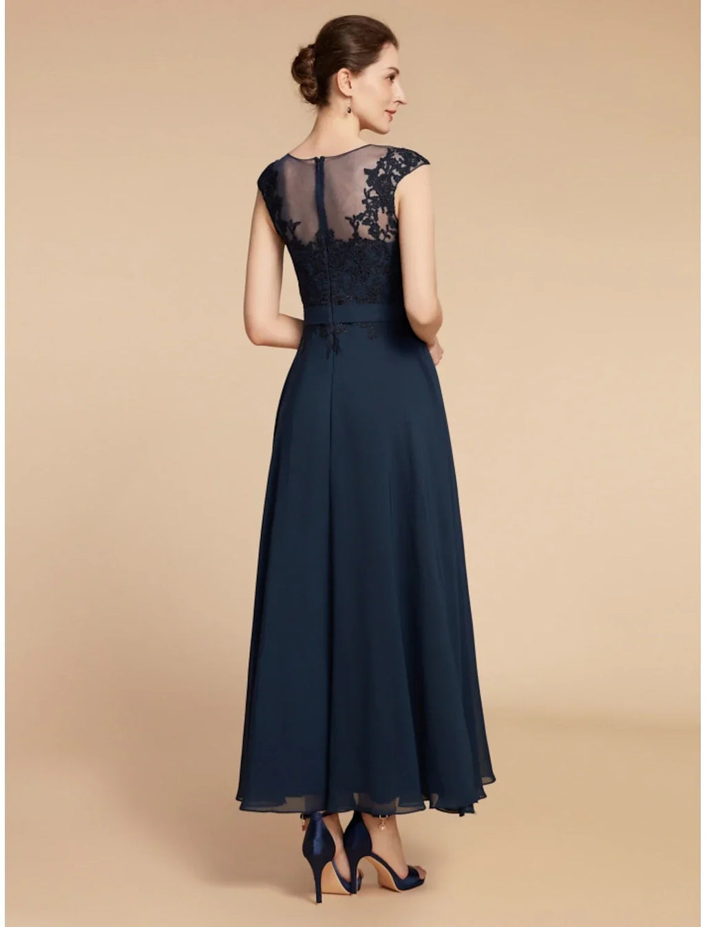 Mother of the Bride Dress Wedding Guest Elegant Jewel Neck Ankle Length Long Sleeve with Ruching Solid Color