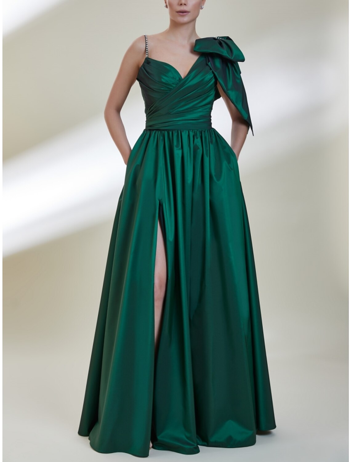 Formal Floor Length Sleeveless Spaghetti Strap with Bow(s) Pleats