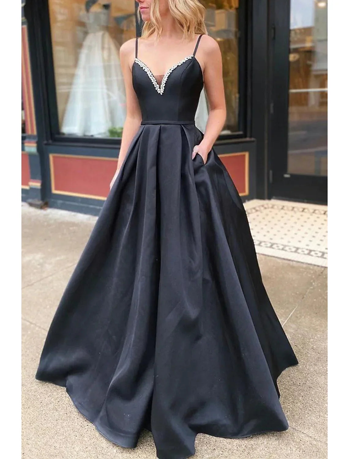 Open Back Dress Formal Floor Length Sleeveless V Neck Pocket Backless with Pleats Beading Pocket