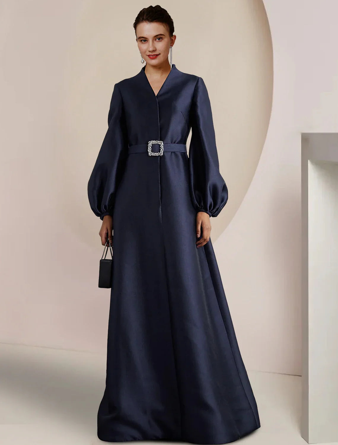 Mother of the Bride Dress Wedding Guest Party Elegant V Neck Floor Length Long Sleeve with Pearls Crystal Brooch