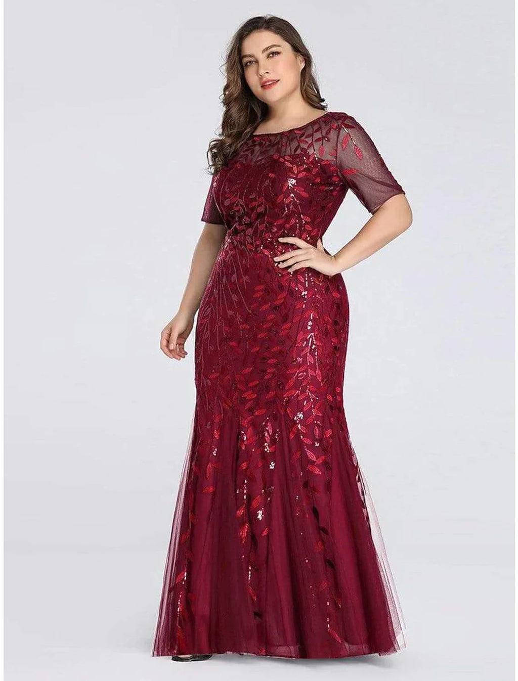 Party Wear Formal Evening Dress Short Sleeve Floor Length with Embroidery