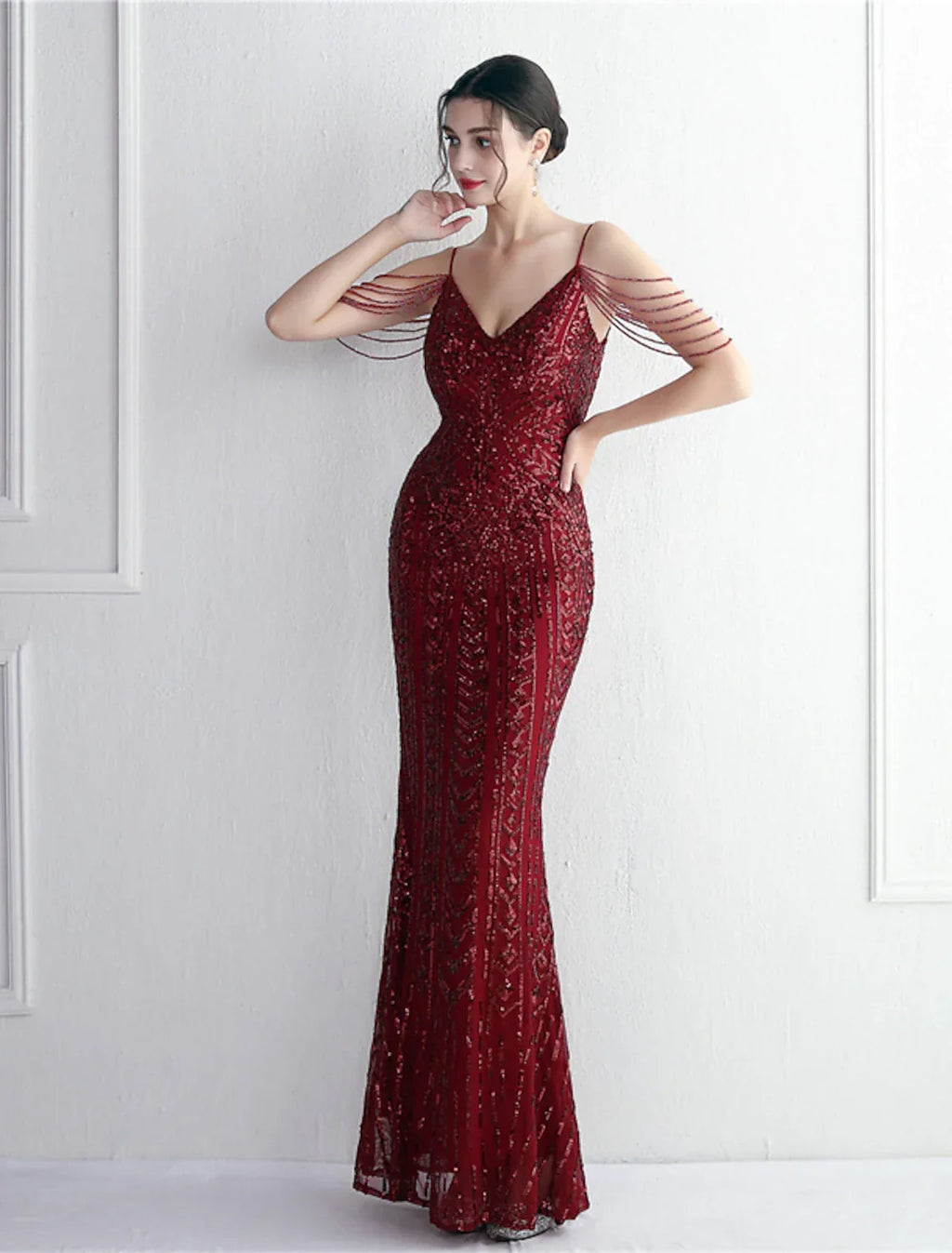 Mermaid / Trumpet Evening Gown Sparkle & Shine Dress Formal Floor Length Short Sleeve Spaghetti Strap with Beading