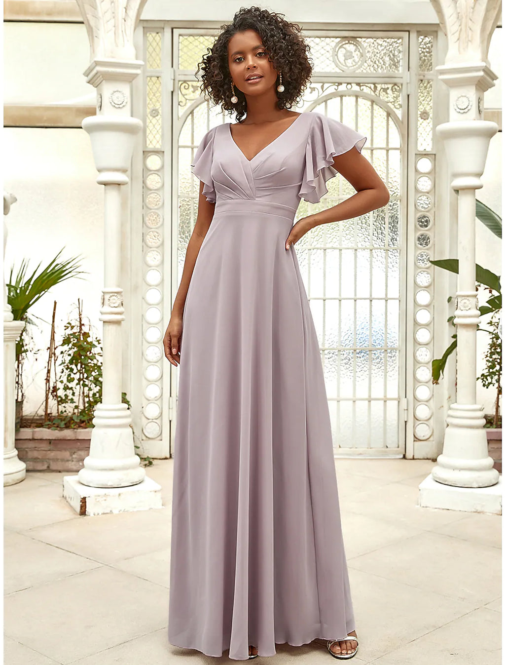Evening Gown Vintage Dress Wedding Guest Floor Length Short Sleeve V Neck with Ruffles