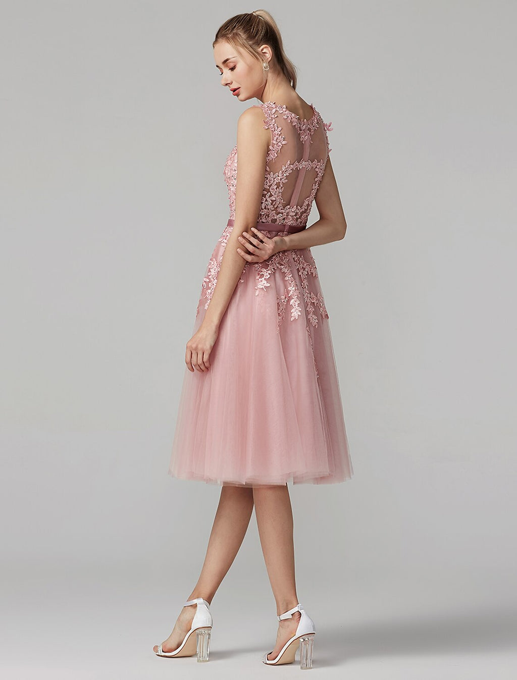 Cocktail Party Knee Length Sleeveless Illusion Neck Over with Beading Appliques