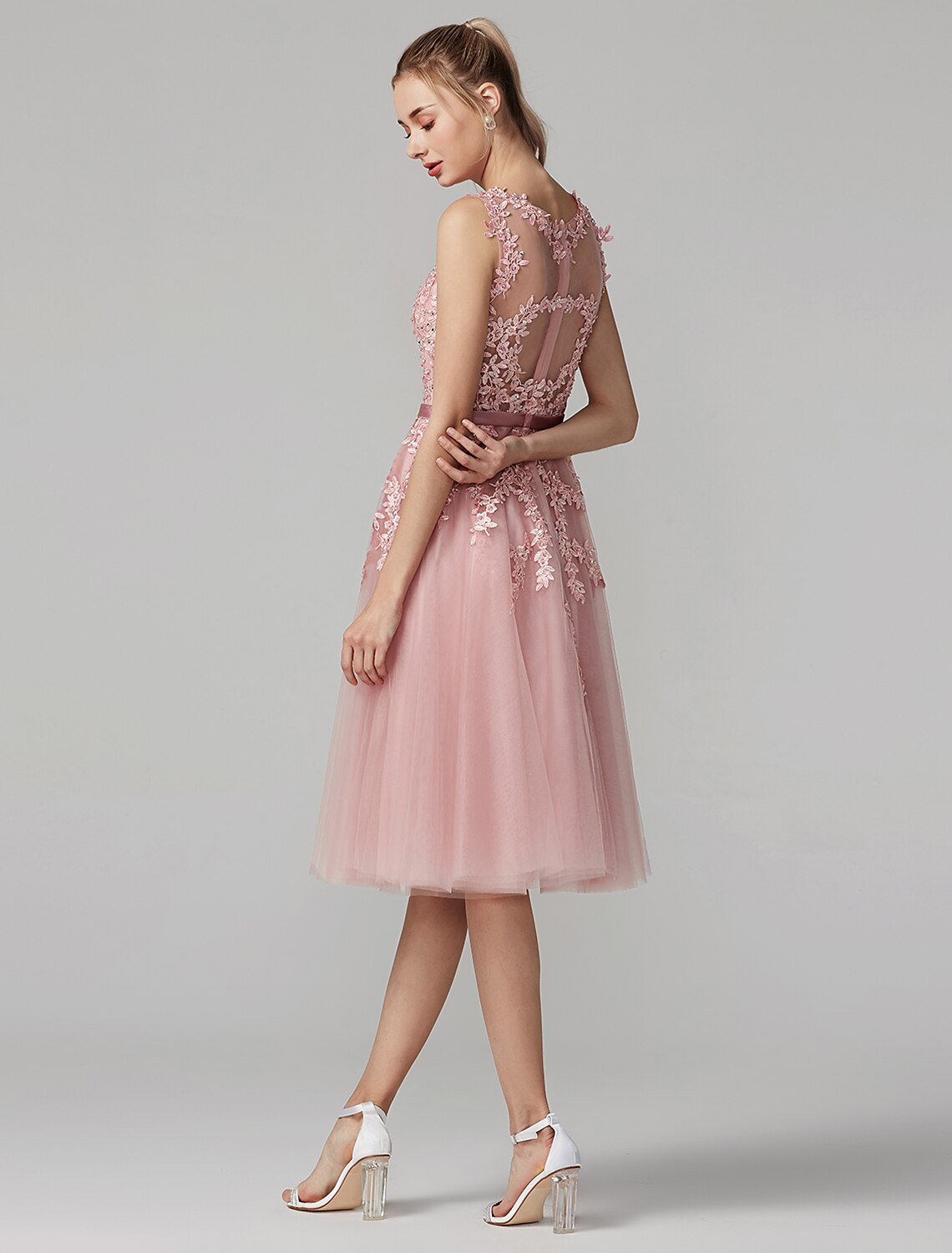 Cocktail Party Knee Length Sleeveless Illusion Neck Over with Beading Appliques