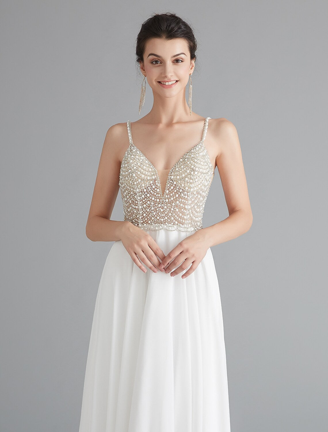 Evening Gown Dress Engagement Floor Length Sleeveless V Neck V Back with Beading