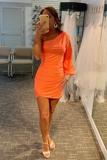 Pink Wholesale Hot One Sleeve Ruched Mini Homecoming Dress