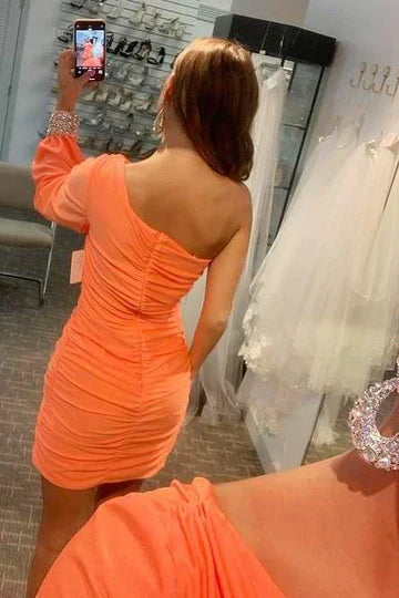 Pink Wholesale Hot One Sleeve Ruched Mini Homecoming Dress