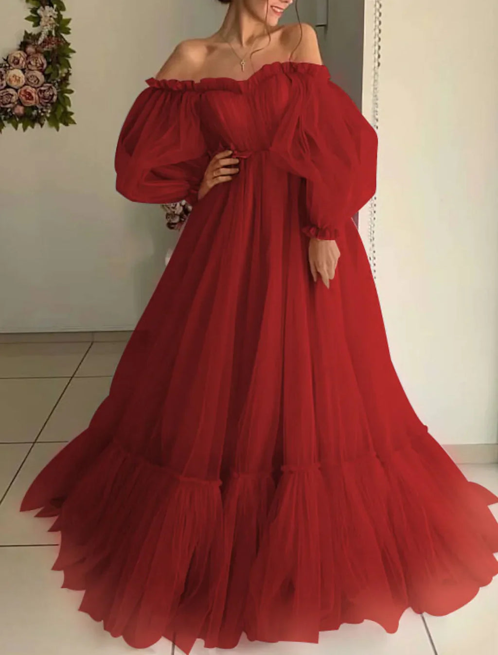 Engagement Prom Dress Off Shoulder Long Sleeve Floor Length Pleats Appliques