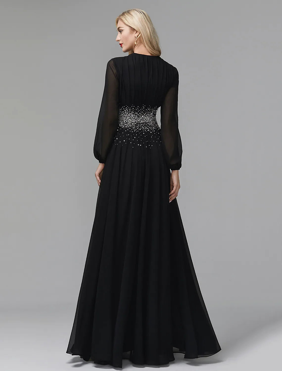 Black Evening Dress Celebrity Red Carpet Formal Gown Wedding Guest Floor Length Long Sleeve V Neck