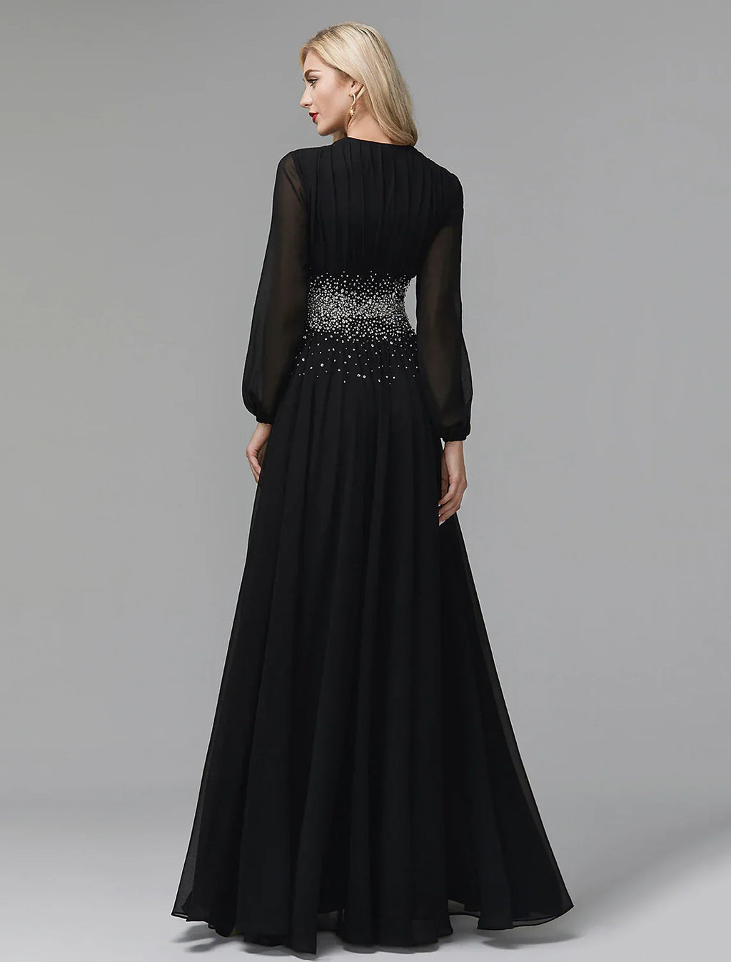 Black Evening Dress Celebrity Red Carpet Formal Gown Tie Wedding Guest Floor Length Long Sleeve V Neck