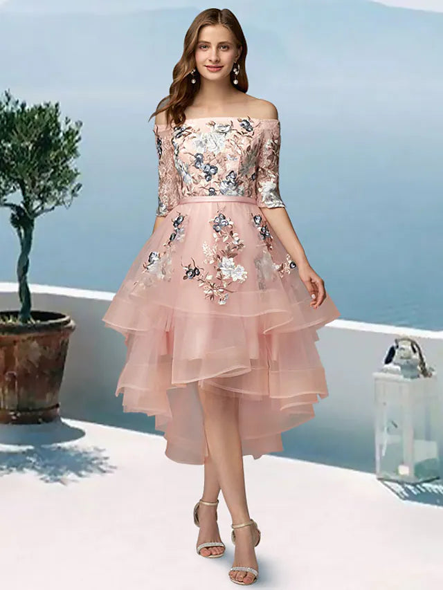 Evening Party Asymmetrical Half Sleeve Off Shoulder with Embroidery Appliques