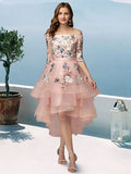 Evening Party Asymmetrical Half Sleeve Off Shoulder with Embroidery Appliques