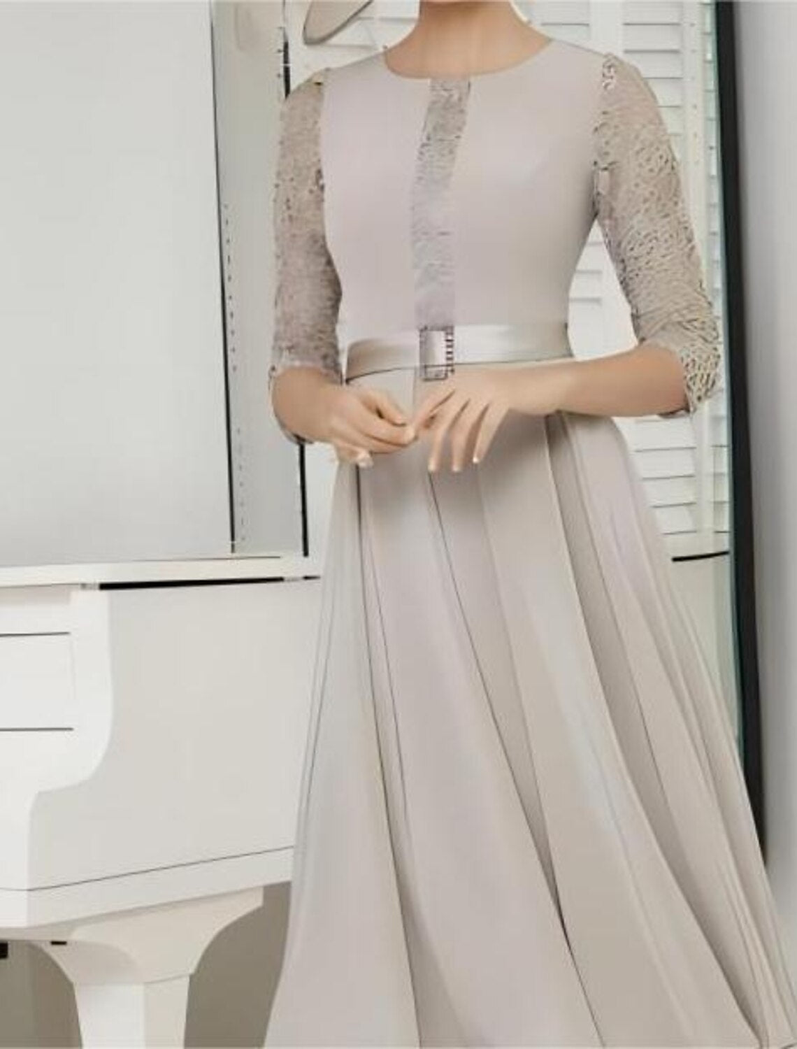 Mother of the Bride Dress Formal Wedding Guest Elegant Jewel Neck Tea Length 3/4 Length Sleeve with Sash / Ribbon Solid Color