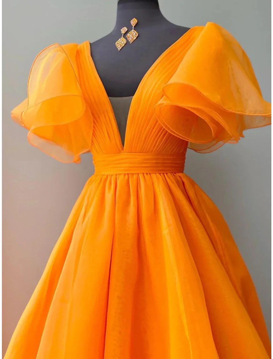 Ball Gown Evening Gown Celebrity Style Dress Wedding Party Floor Length Short Sleeve V Neck Fall Wedding Guest with Pleats Ruffles