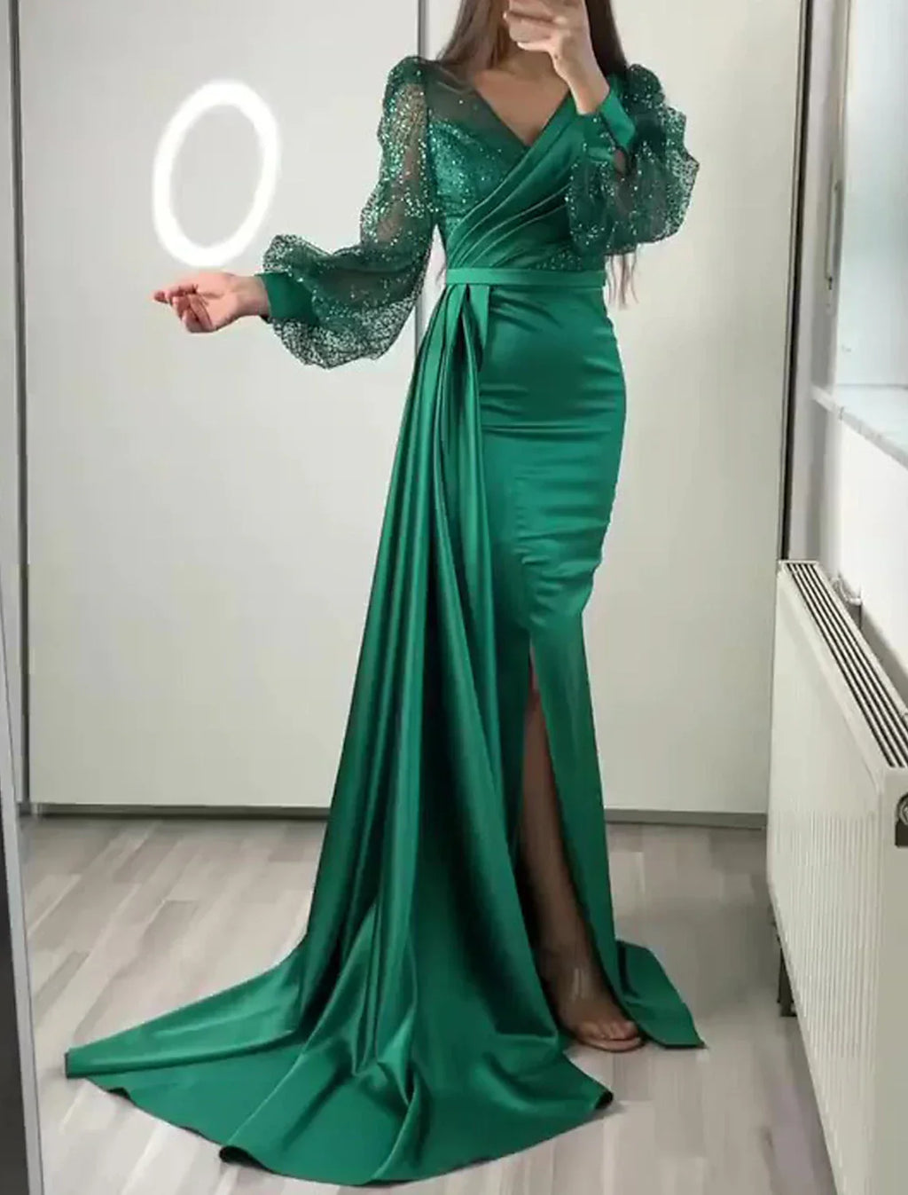 Black Mermaid / Trumpet Evening Gown Vintage Dress Formal Tie Floor Length Long Sleeve V Neck Charmeuse with Buttons Pearls