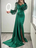 Black Mermaid / Trumpet Evening Gown Vintage Dress Formal Tie Floor Length Long Sleeve V Neck Charmeuse with Buttons Pearls